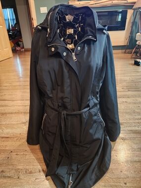 Johnston & Murphy Black Hooded Trench Coat with Waist Tie